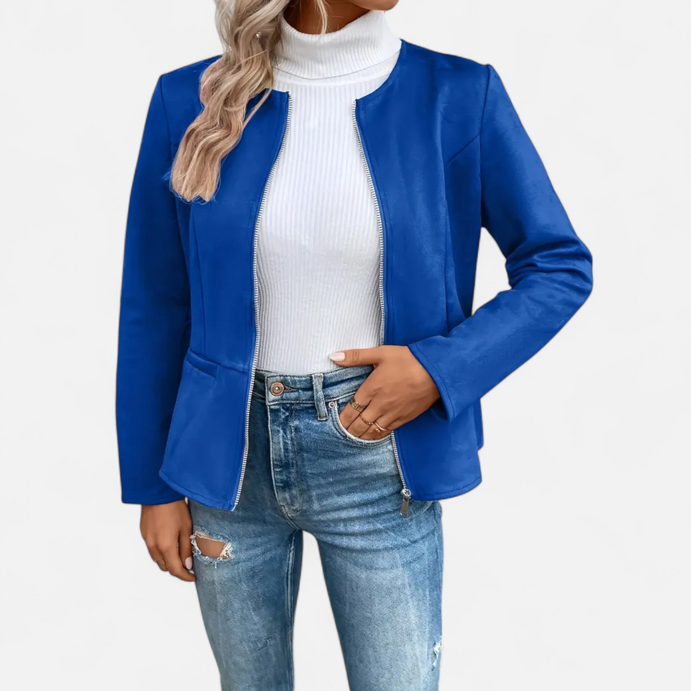 Women Jacket With Round Neck and Zip Detail