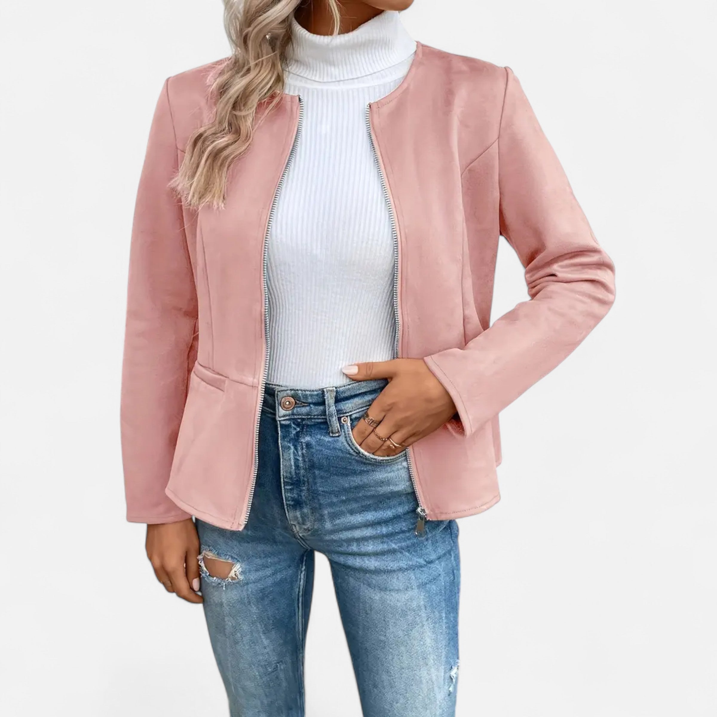 Women Jacket With Round Neck and Zip Detail