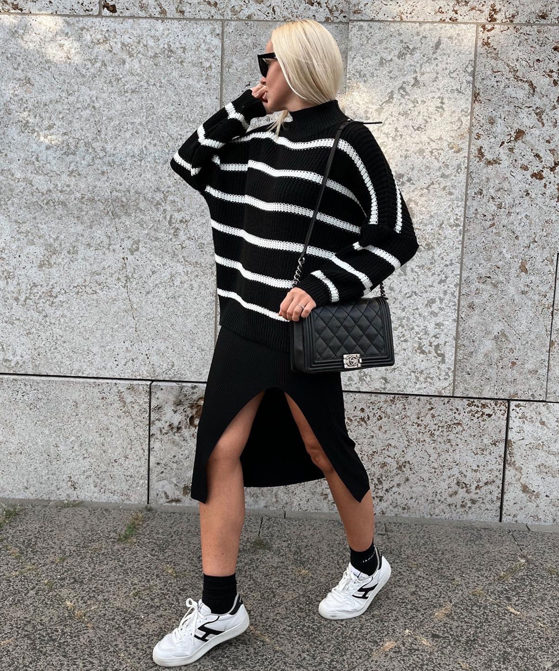 Women’s Black and White Knit Sweater with V-Neck