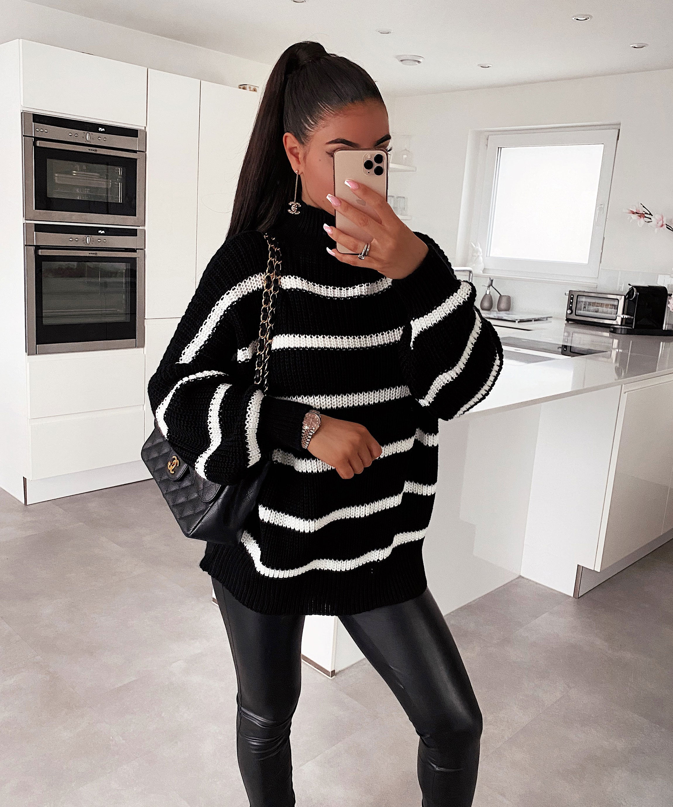 Women’s Black and White Knit Sweater with V-Neck