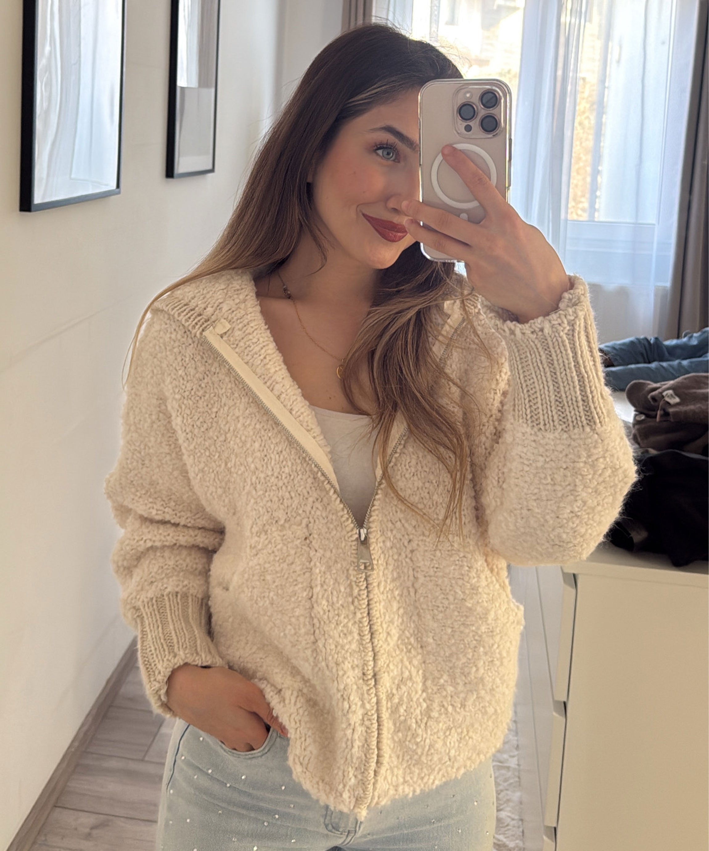 Women’s Boucle Zip Jacket with Hood in Beige