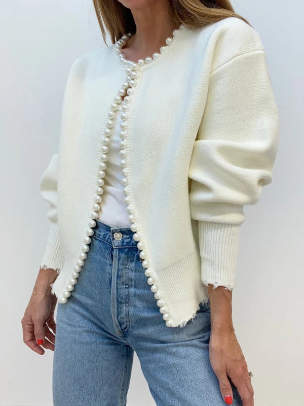 Women’s Open Front Knit Cardigan with Pearl Trim and Distressed Hem