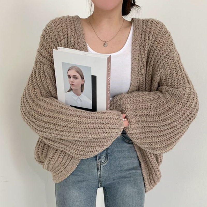 Women’s Chunky Knit Cardigan With Balloon Sleeves Open Front