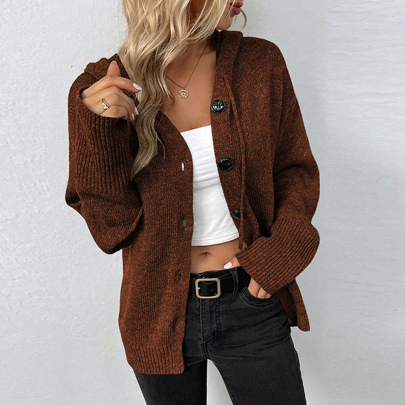 Women's Cardigan With Hood And Button Closure