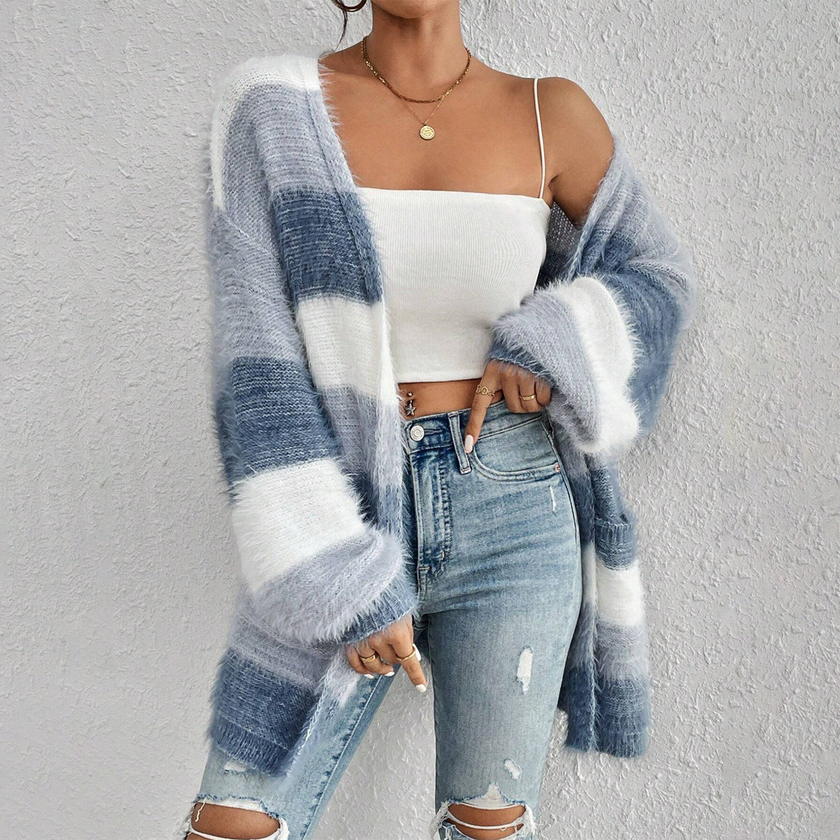 Women’s Oversized Knit Cardigan with Striped Design and Open Front