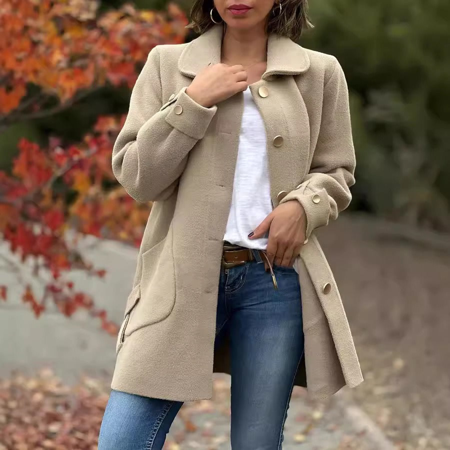 Women’s Long Coat with Relaxed Fit and Decorative Buttons
