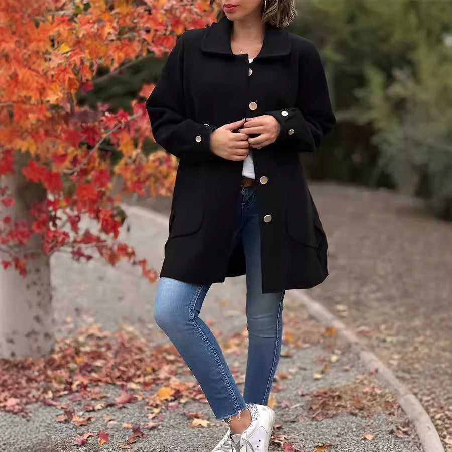 Women’s Long Coat with Relaxed Fit and Decorative Buttons