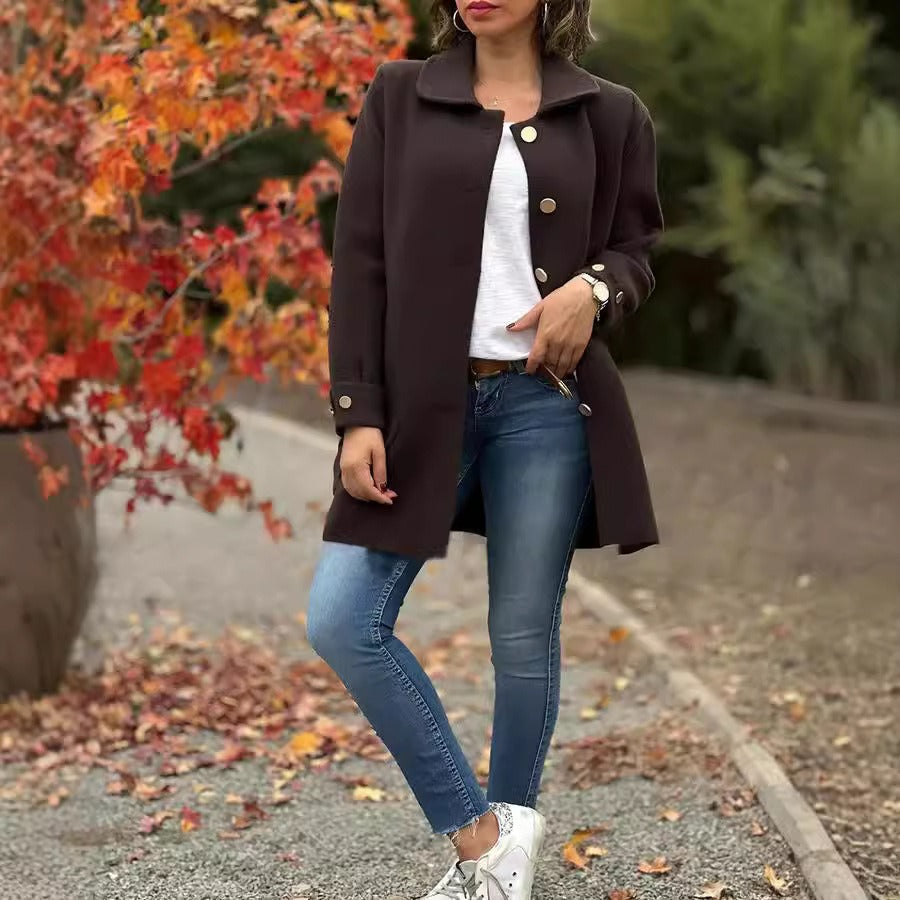 Women’s Long Coat with Relaxed Fit and Decorative Buttons