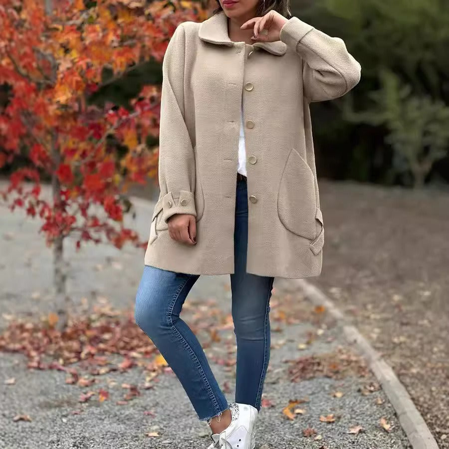 Women’s Long Coat with Relaxed Fit and Decorative Buttons