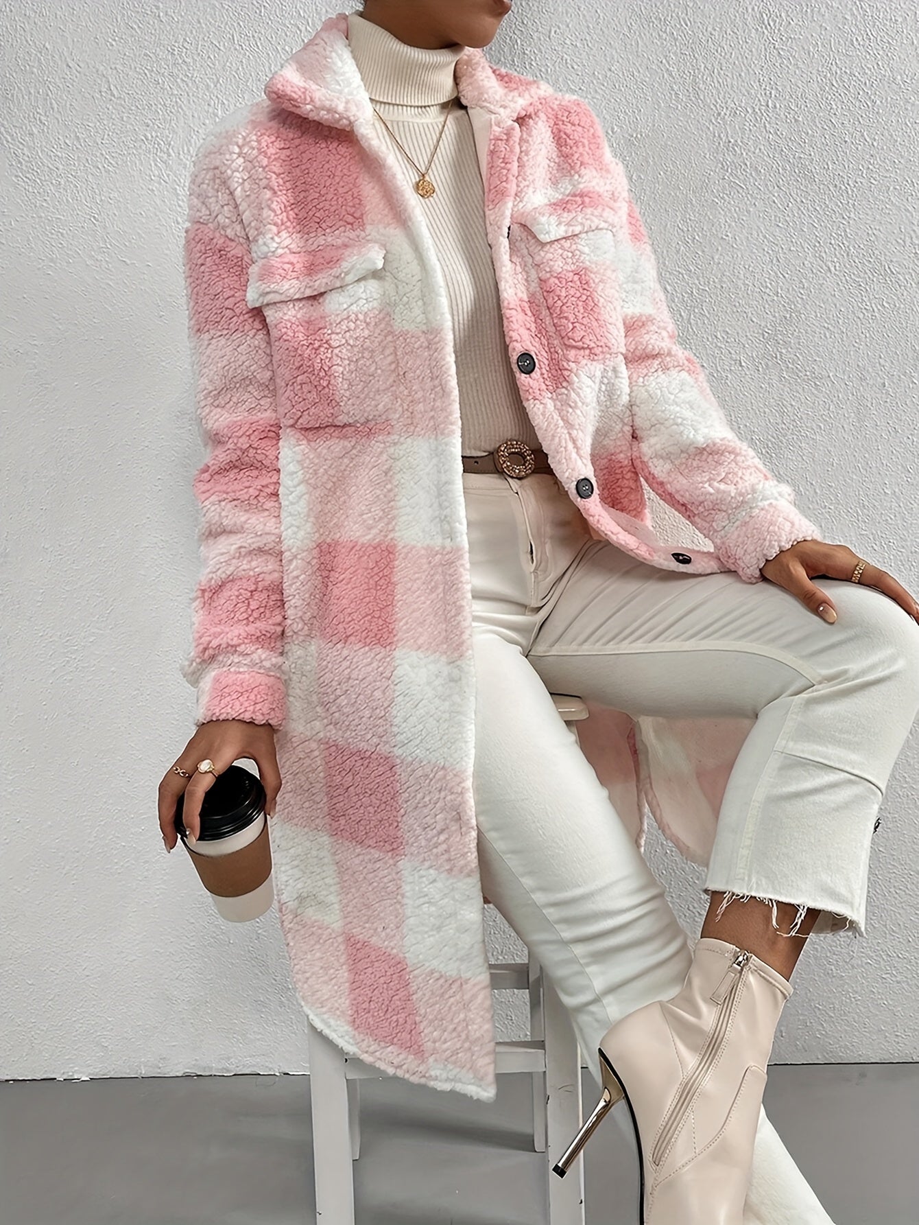 Women’s Long Plaid Coat with Button Front