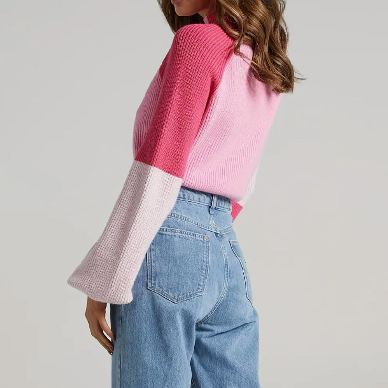 Women’s Jumper With Ribbed Knit And Mock Neck Cropped Length