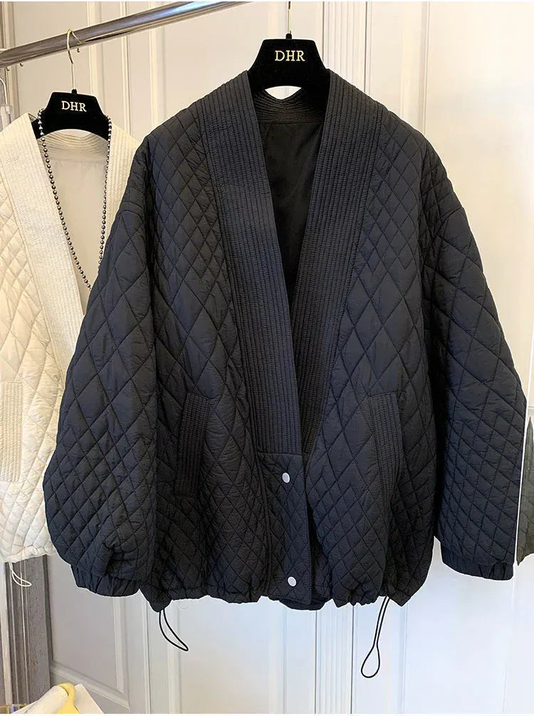 Women’s Quilted Jacket With Ribbed Lapel And Snap Button Closure