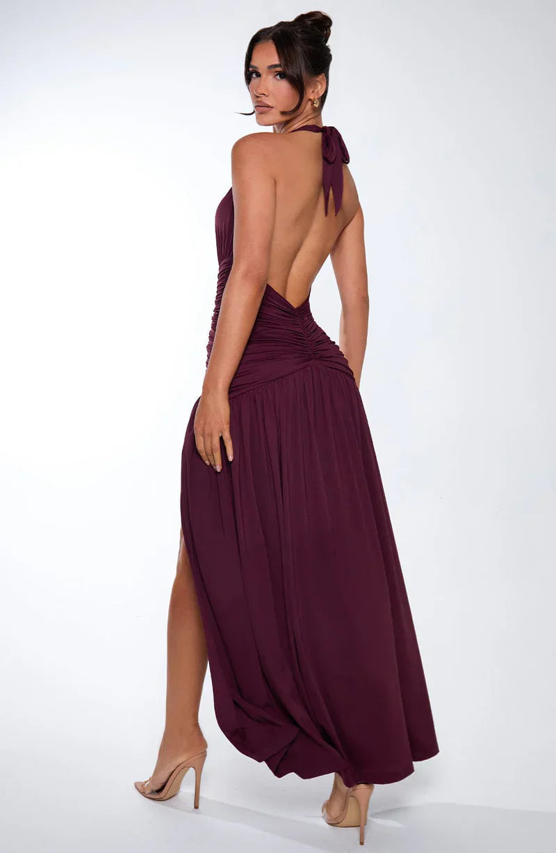 Women’s V-Neck Maxi Dress with Halter Neckline & Thigh Slit