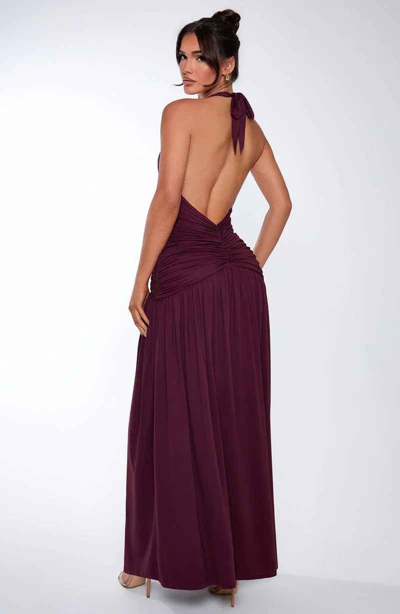 Women’s V-Neck Maxi Dress with Halter Neckline & Thigh Slit