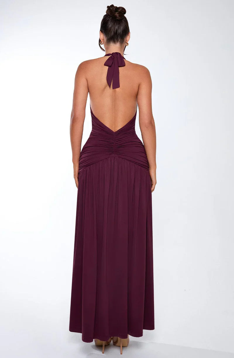 Women’s V-Neck Maxi Dress with Halter Neckline & Thigh Slit