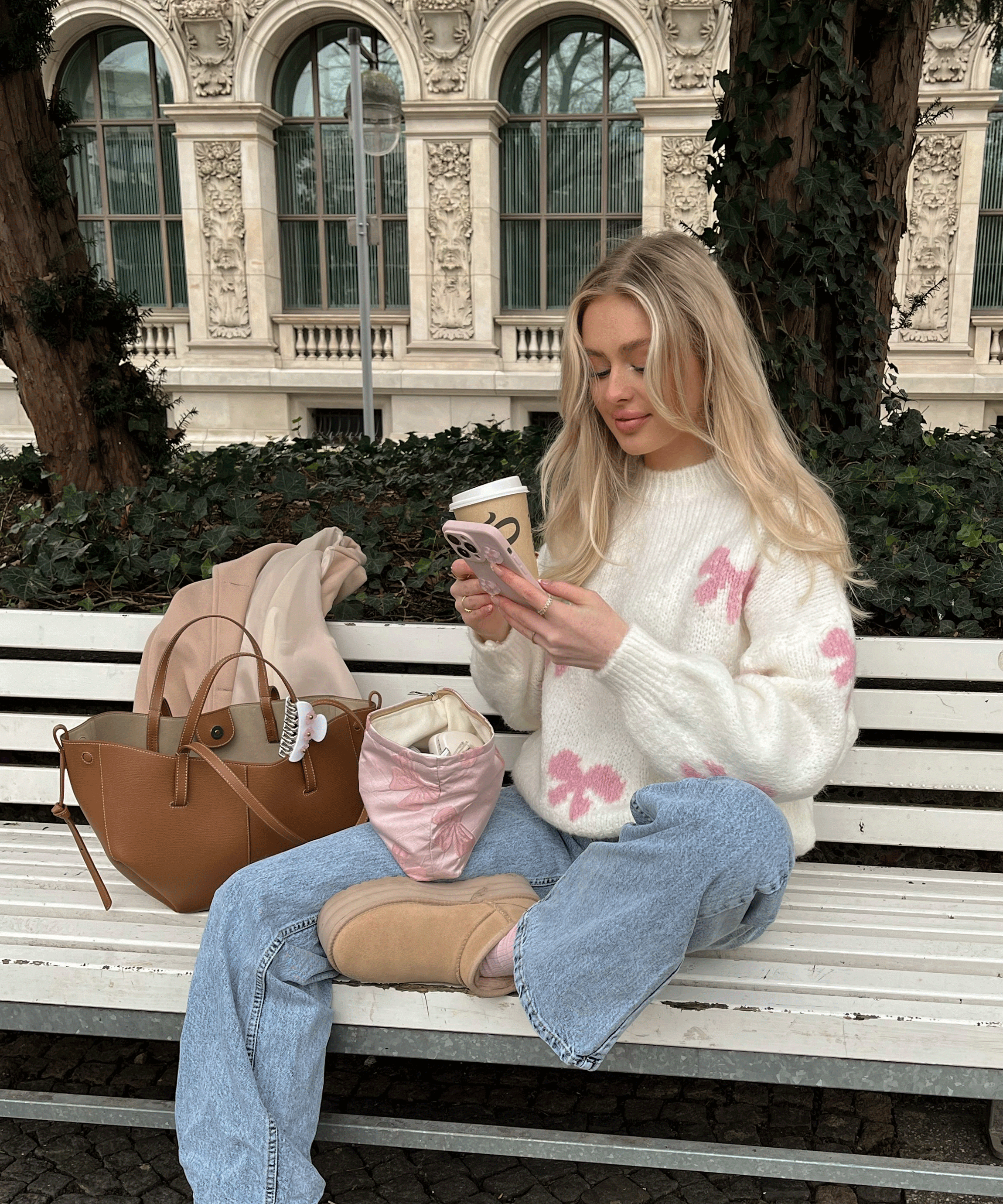 Women's White Sweater with Pink Bow Accents