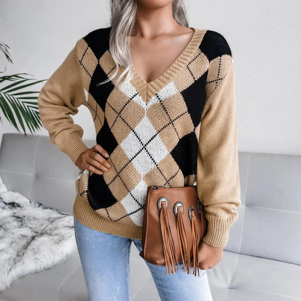 Women’s Argyle Jumper with V-Neck and Long Sleeves