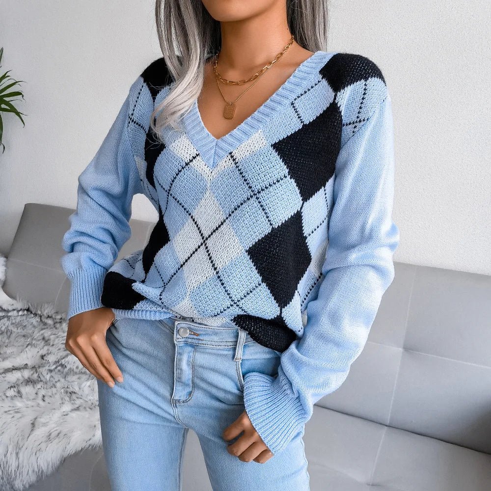 Women’s Argyle Jumper with V-Neck and Long Sleeves