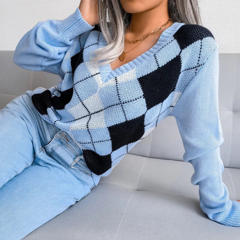 Women’s Argyle Jumper with V-Neck and Long Sleeves