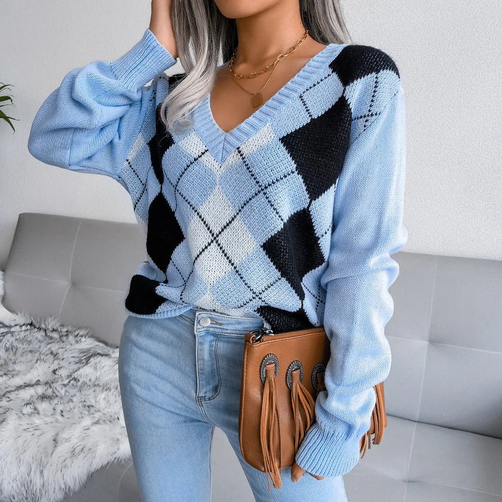 Women’s Argyle Jumper with V-Neck and Long Sleeves