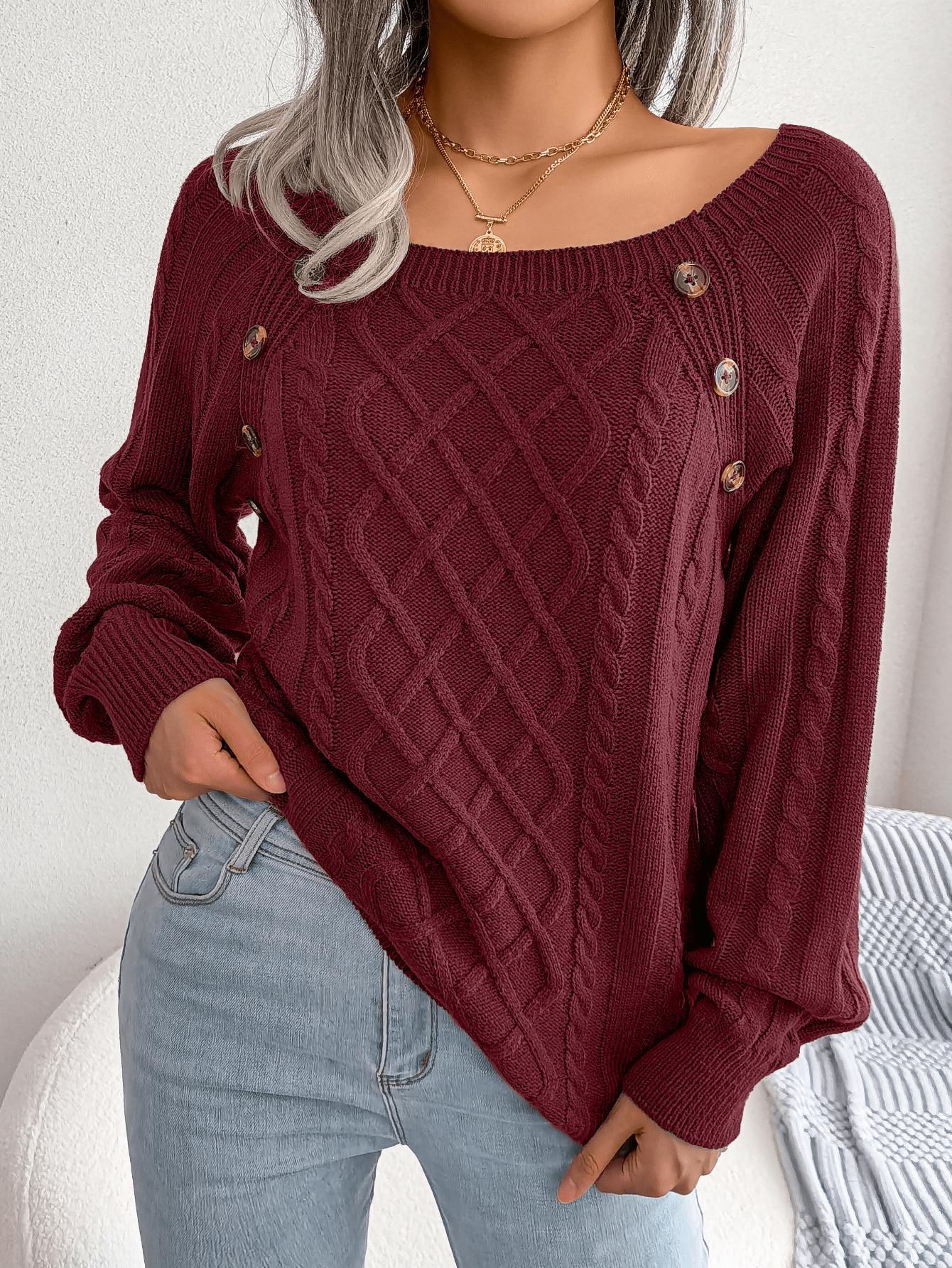 Women’s Cable Knit Jumper with Decorative Button Detail