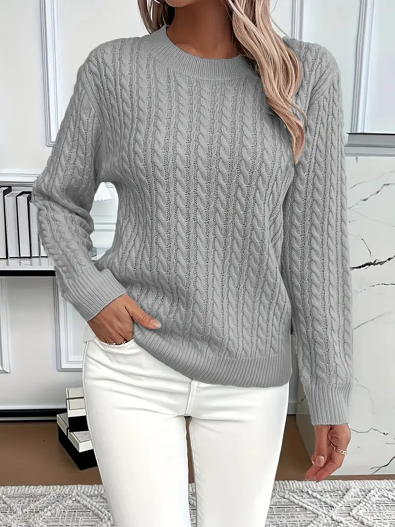 Women’s Cable Knit Jumper with Round Neck and Long Sleeves