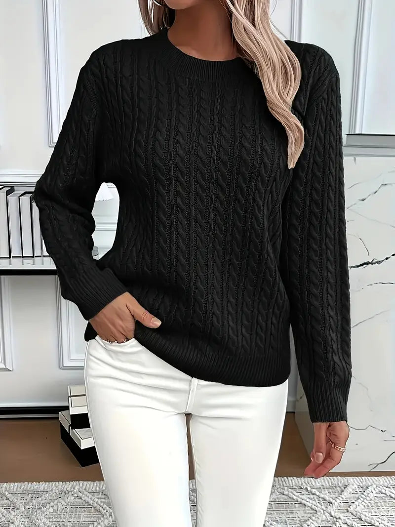 Women’s Cable Knit Jumper with Round Neck and Long Sleeves