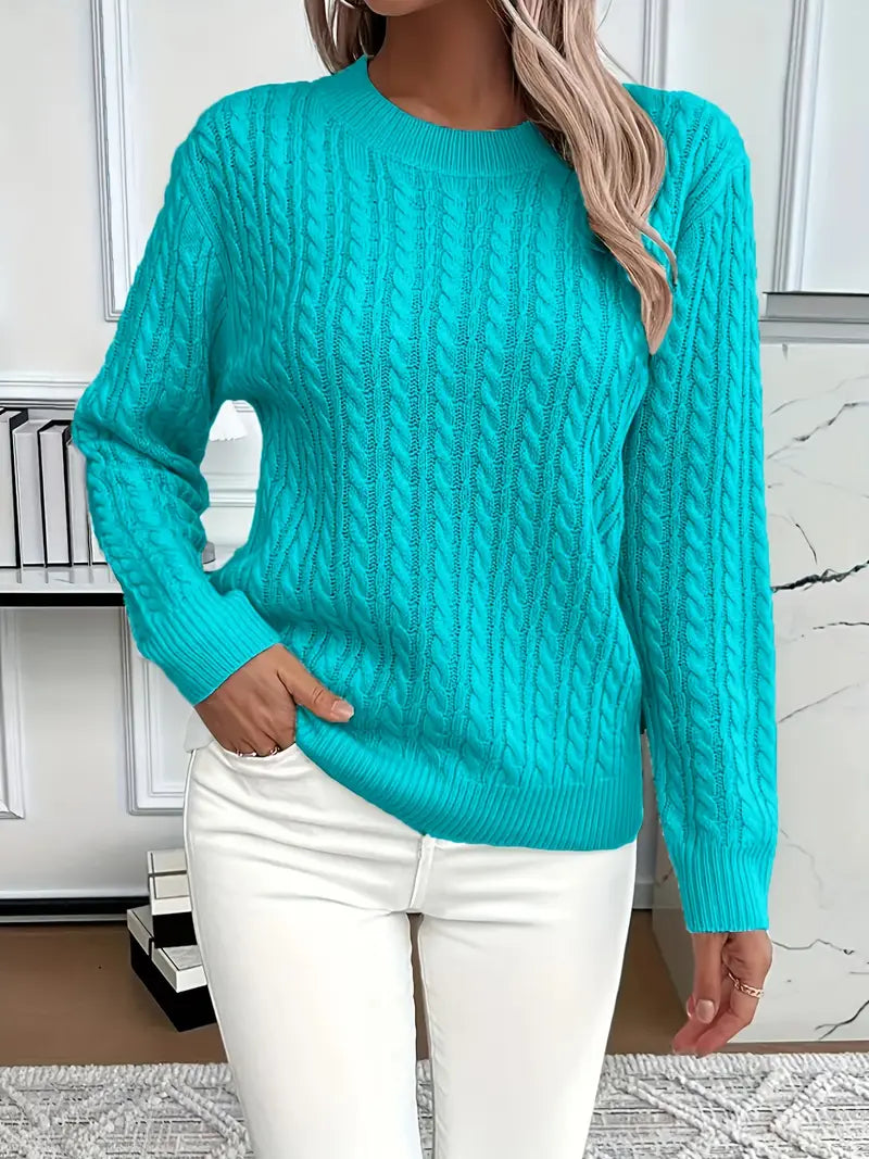 Women’s Cable Knit Jumper with Round Neck and Long Sleeves