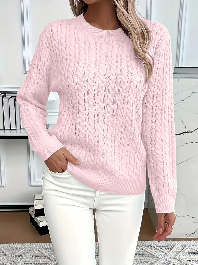 Women’s Cable Knit Jumper with Round Neck and Long Sleeves