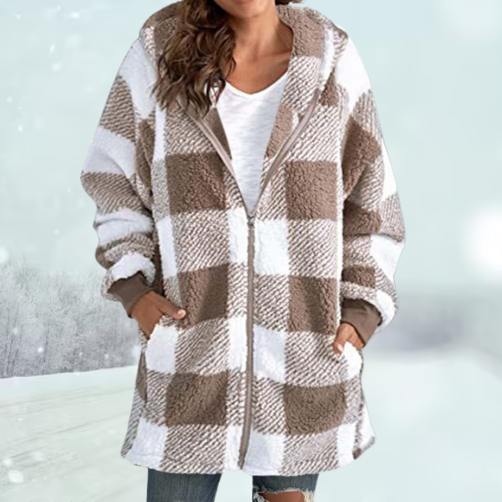 Women’s Checked Hooded Jacket with Tassel Accents