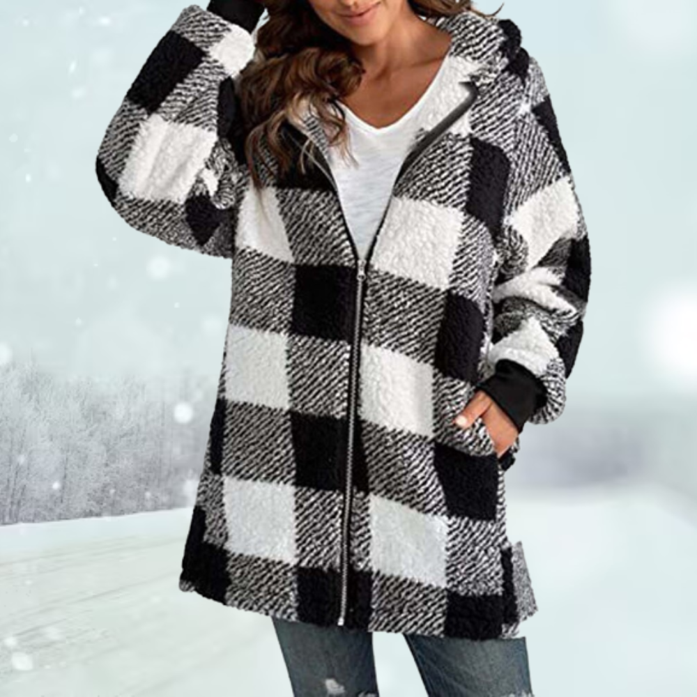 Women’s Checked Hooded Jacket with Tassel Accents