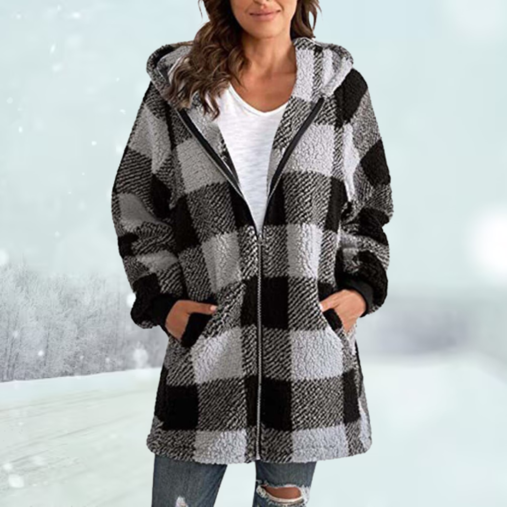 Women’s Checked Hooded Jacket with Tassel Accents