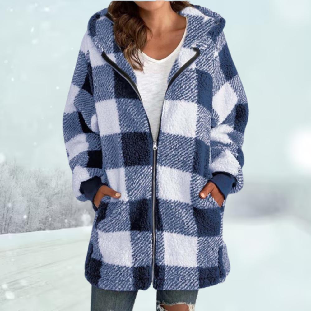 Women’s Checked Hooded Jacket with Tassel Accents