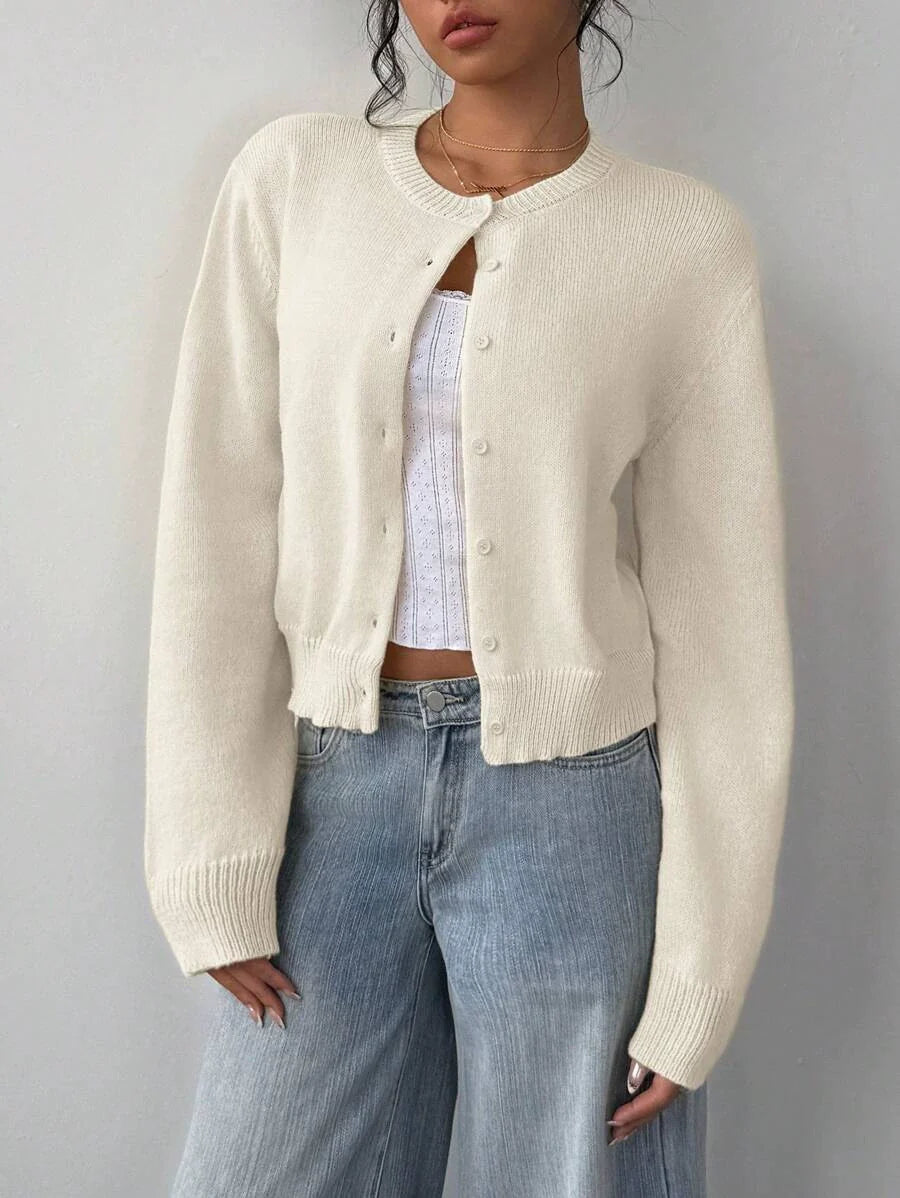 Women’s Cropped Cardigan with Button Front and Ribbed Trim