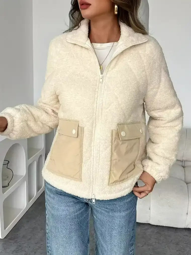 Women's High-Collar Teddy Jacket with Flap Pockets 1