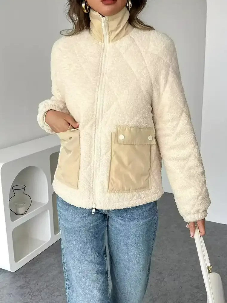 Women's High-Collar Teddy Jacket with Flap Pockets 0