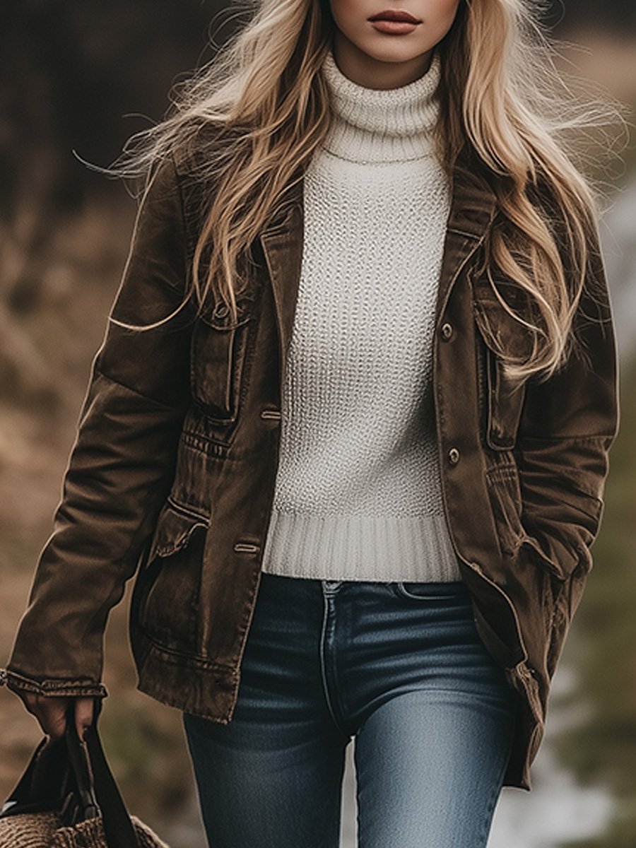 Women’s Jacket With Lapel And Multi Pockets