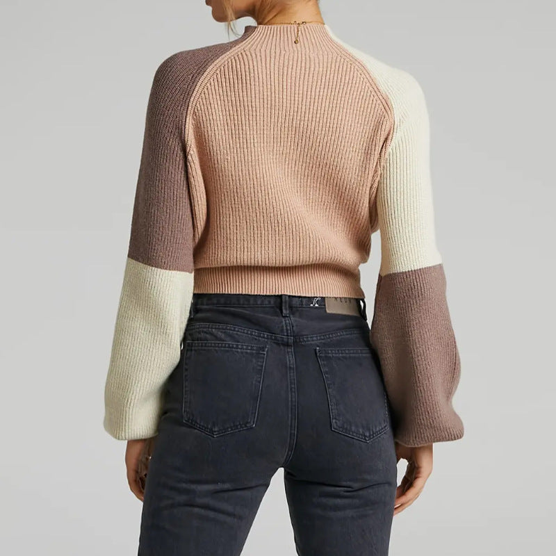 Women’s Jumper With Ribbed Knit And Mock Neck Cropped Length