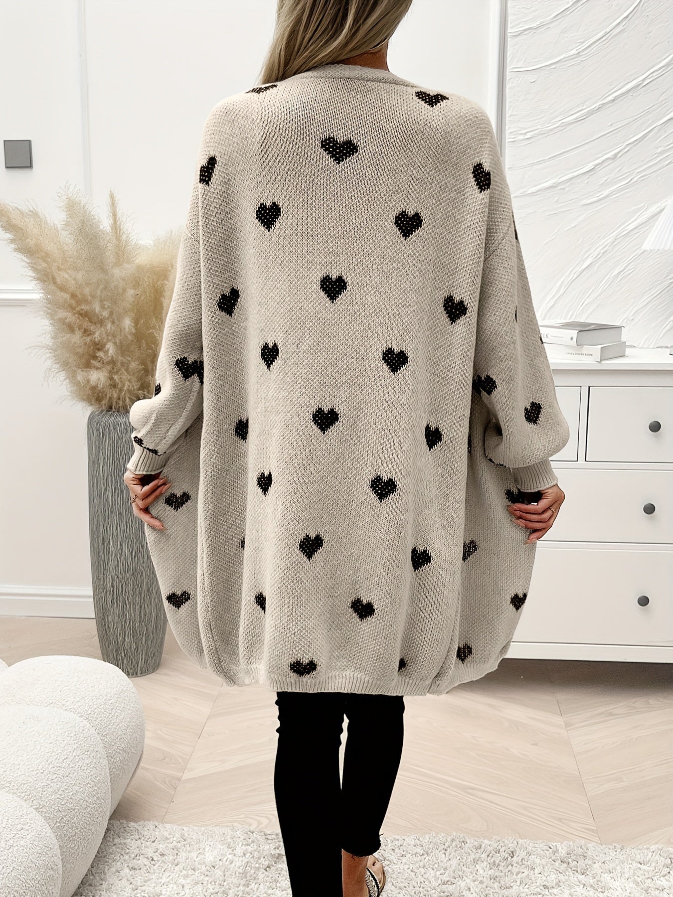 Women’s Knitted Cardigan with Heart Pattern and Open Front