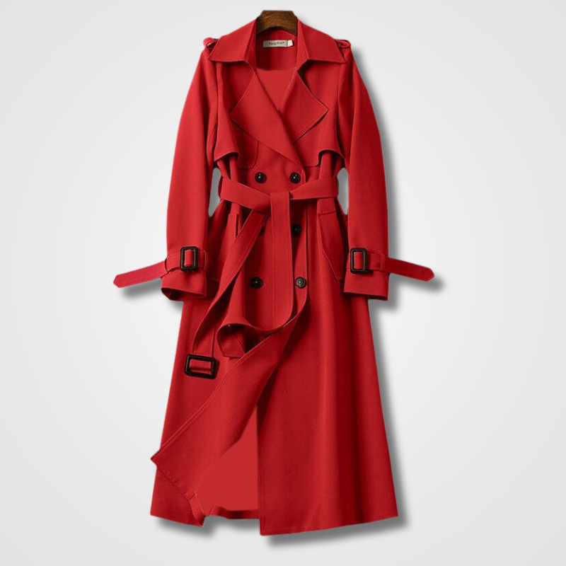 Women’s Long Button Coat with Belt and Lapel Collar