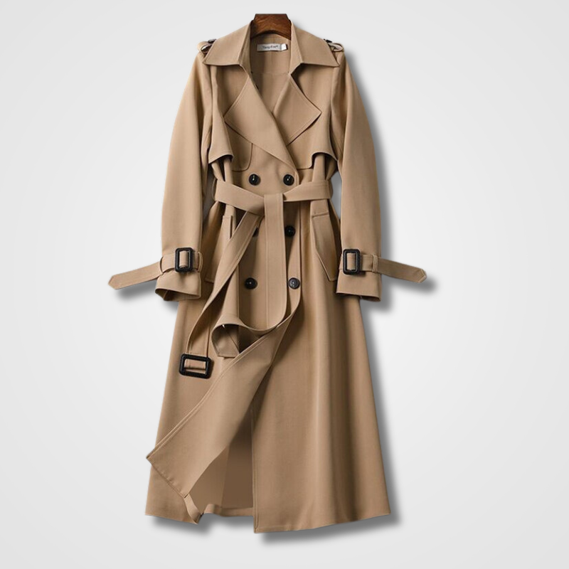 Women’s Long Button Coat with Belt and Lapel Collar