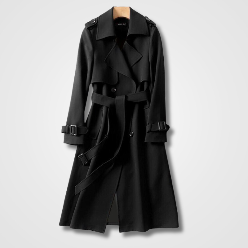 Women’s Long Button Coat with Belt and Lapel Collar