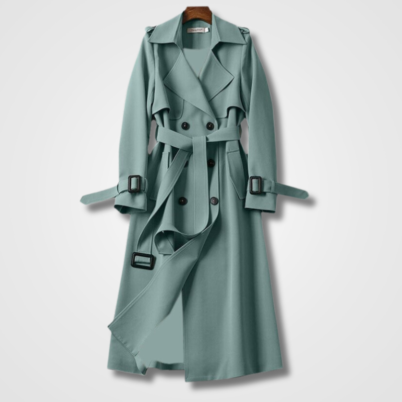 Women’s Long Button Coat with Belt and Lapel Collar