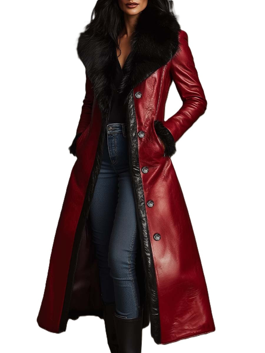 Women’s Long Coat With Retro Collar And Contrasting Panels