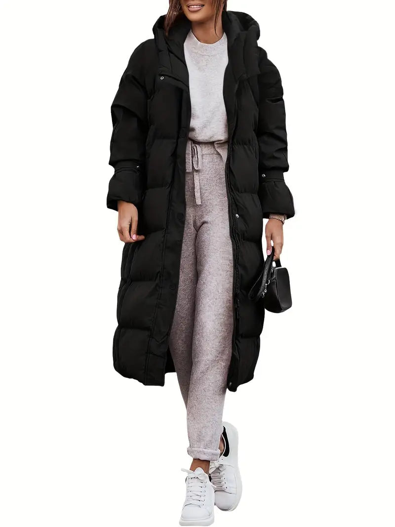 Women’s Long Coat with Hood and Quilted Design