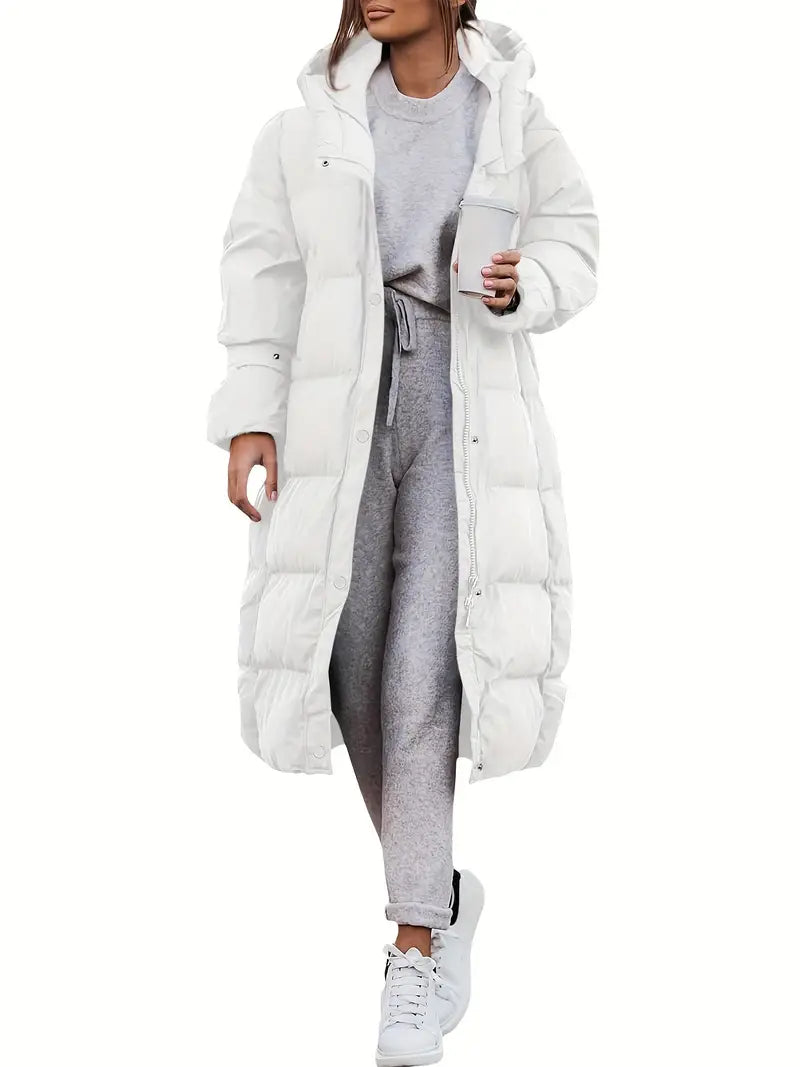 Women’s Long Coat with Hood and Quilted Design
