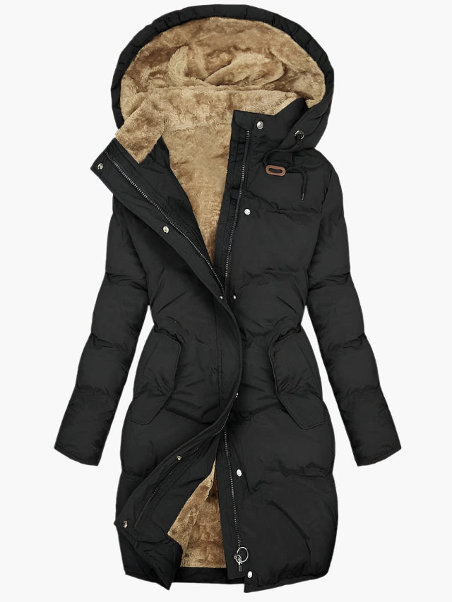Women’s Long Hooded Quilted Coat with Fleece Lining