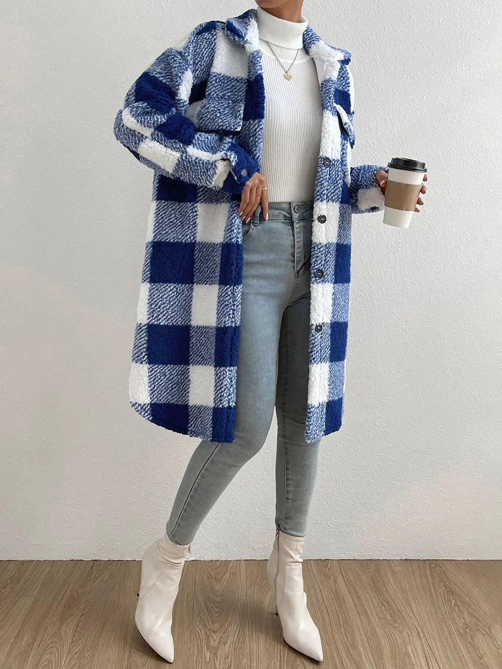 Women’s Long Plaid Coat with Button Front