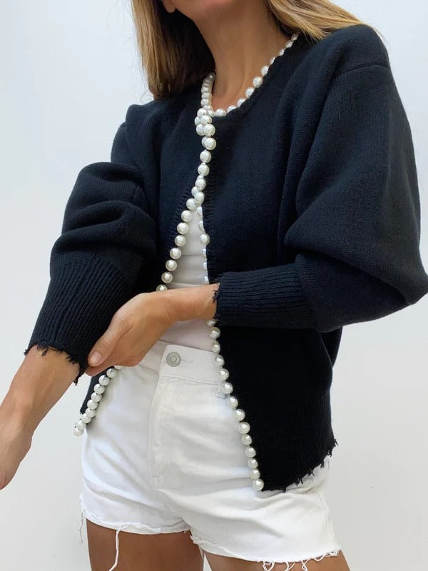 Women’s Open Front Knit Cardigan with Pearl Trim and Distressed Hem