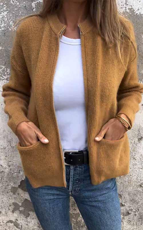Women’s Open Front Knit Cardigan with Ribbed Trim and Pockets